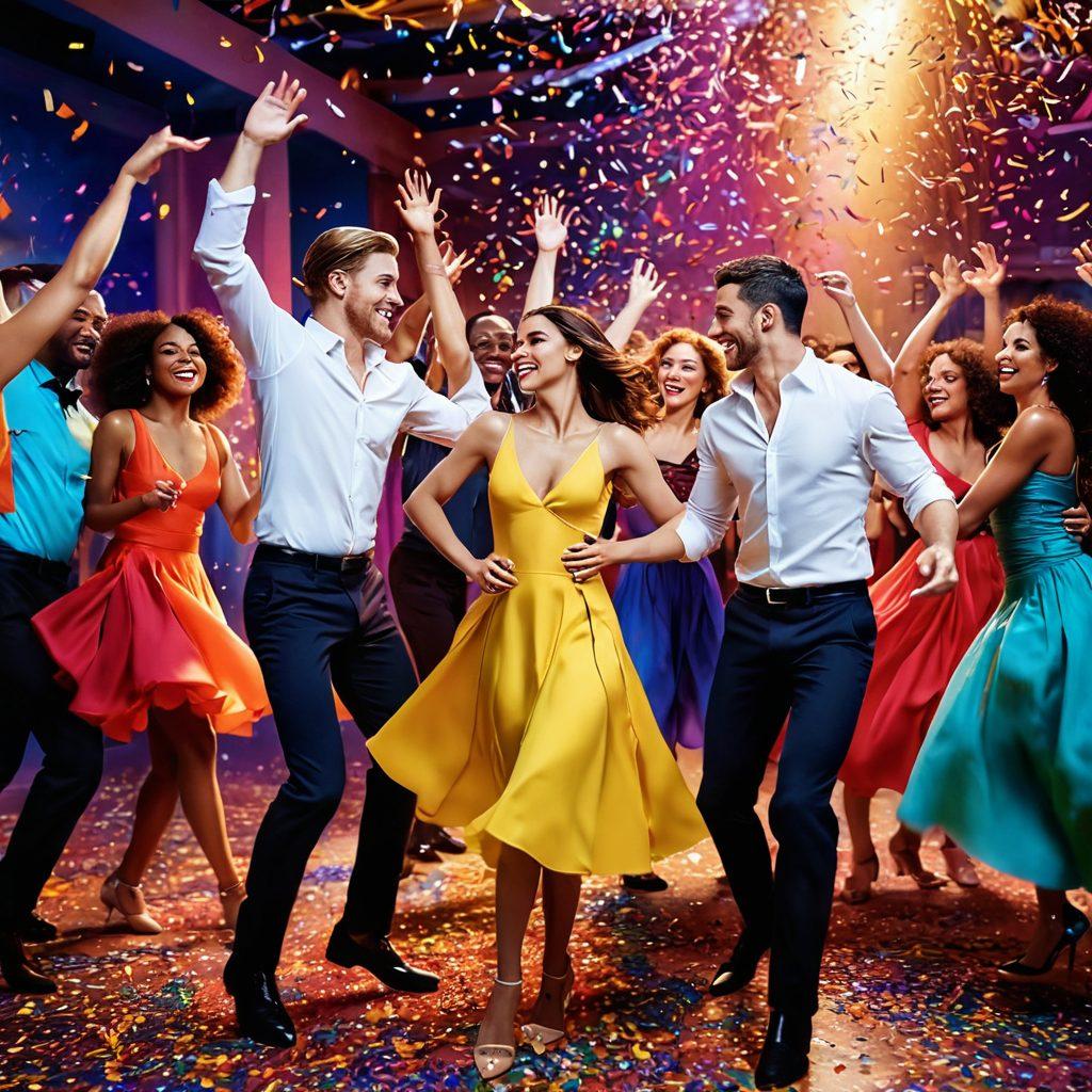 A vibrant celebration of sensuality, featuring a diverse group of joyful individuals dancing together under soft, colorful lights. The scene captures an atmosphere of passion and exuberance, with playful confetti in the air, flowing fabrics, and seductive yet tasteful poses. Include abstract, swirling patterns in the background to evoke emotions of freedom and joy. super-realistic. vibrant colors. 3D.